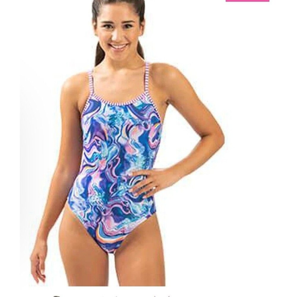 Dolphin Women's Uglies Purple/blue Swirl V-back 1 Piece Swim Size 28 New